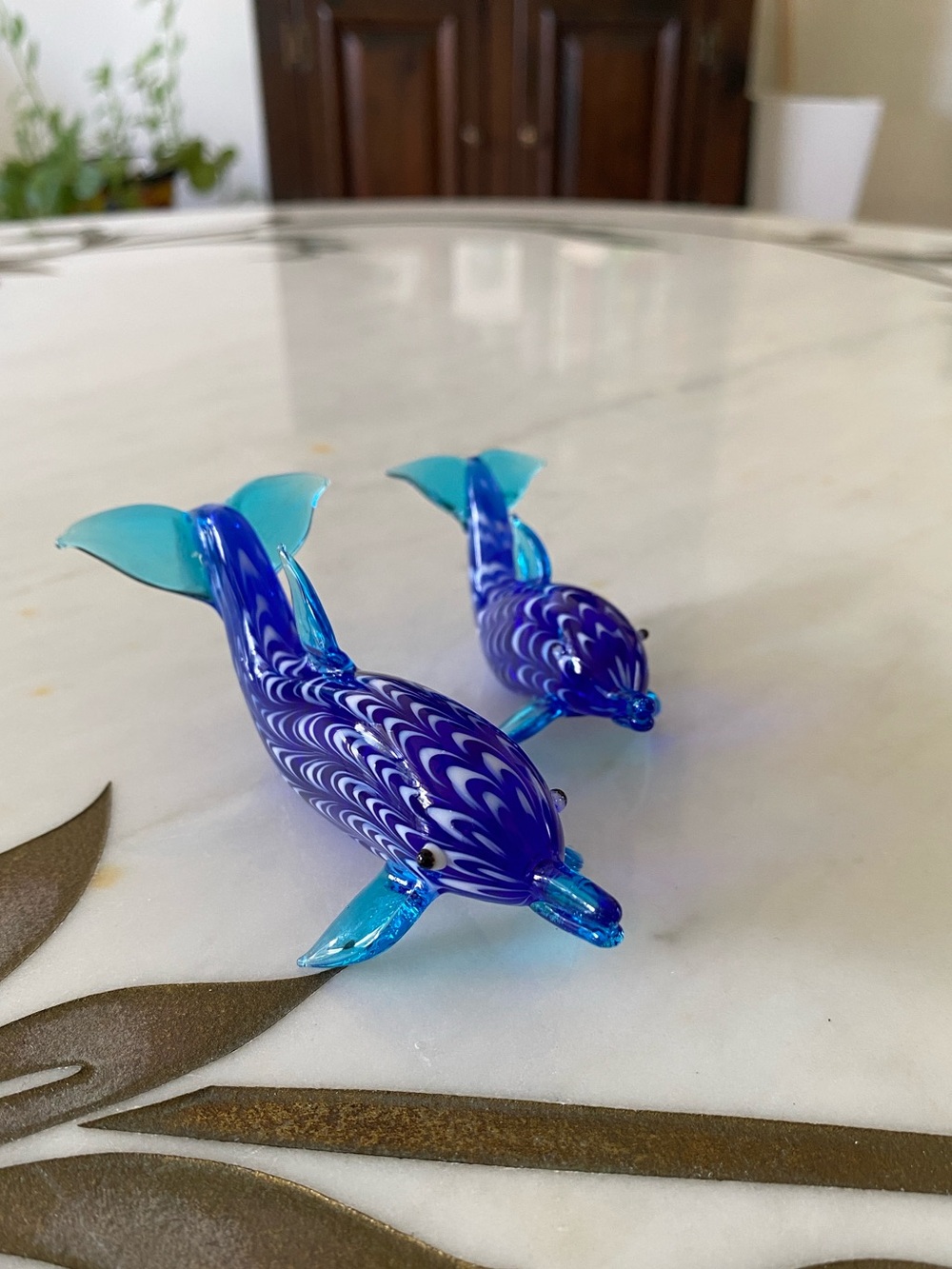 Lenox Art Glass Dolphin Figurine Set (2) Cobalt Blue Glass